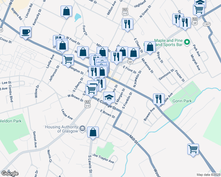 map of restaurants, bars, coffee shops, grocery stores, and more near 201 East Washington Street in Glasgow