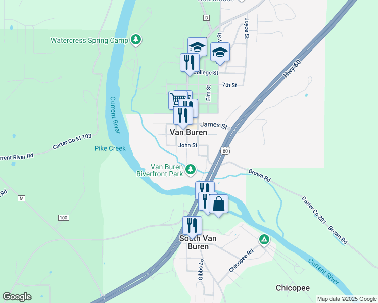 map of restaurants, bars, coffee shops, grocery stores, and more near 201 John Street in Van Buren