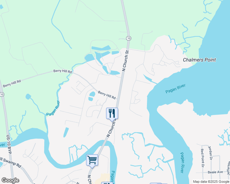 map of restaurants, bars, coffee shops, grocery stores, and more near 601 North Church Street in Smithfield