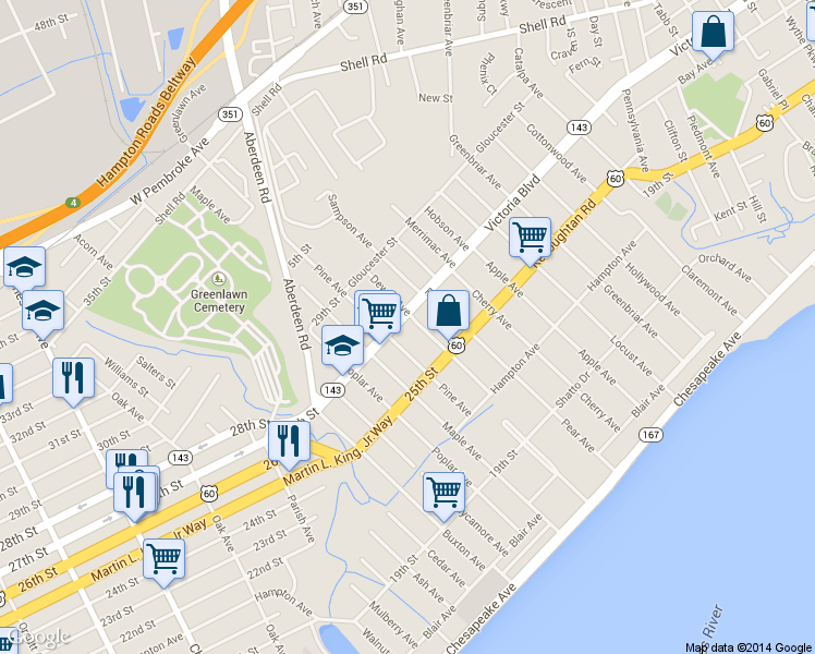 map of restaurants, bars, coffee shops, grocery stores, and more near 1912 27th Street in Newport News