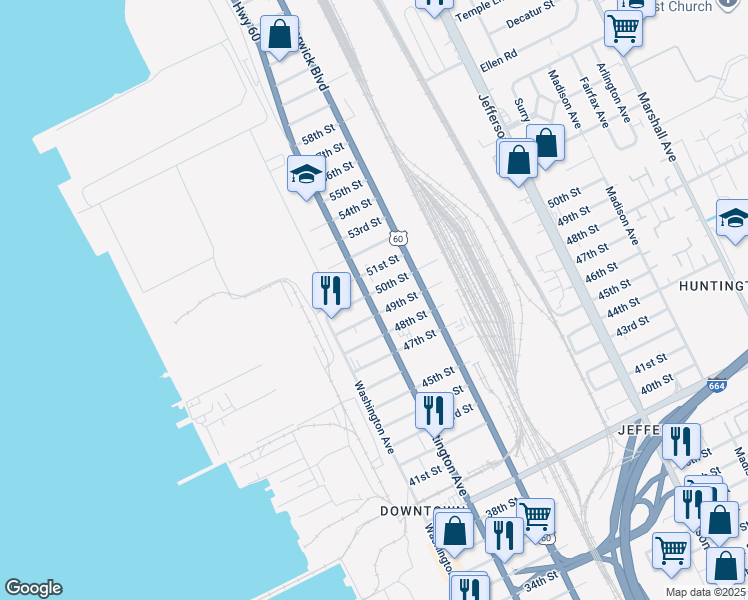 map of restaurants, bars, coffee shops, grocery stores, and more near 304 50th Street in Newport News