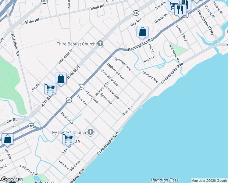 map of restaurants, bars, coffee shops, grocery stores, and more near 109 Greenbriar Avenue in Hampton