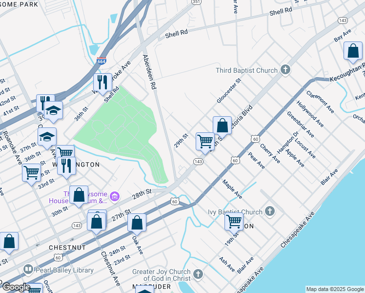 map of restaurants, bars, coffee shops, grocery stores, and more near 397 Maple Avenue in Newport News