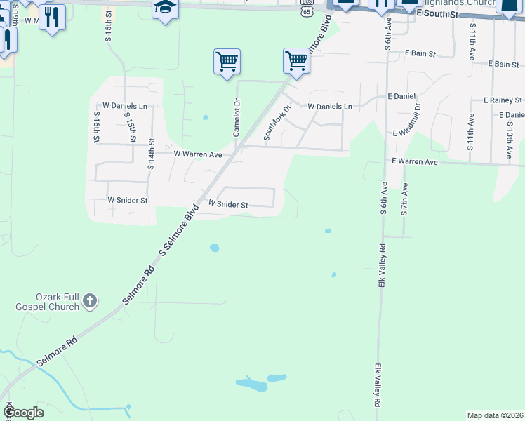 map of restaurants, bars, coffee shops, grocery stores, and more near 708 West Snider Street in Ozark