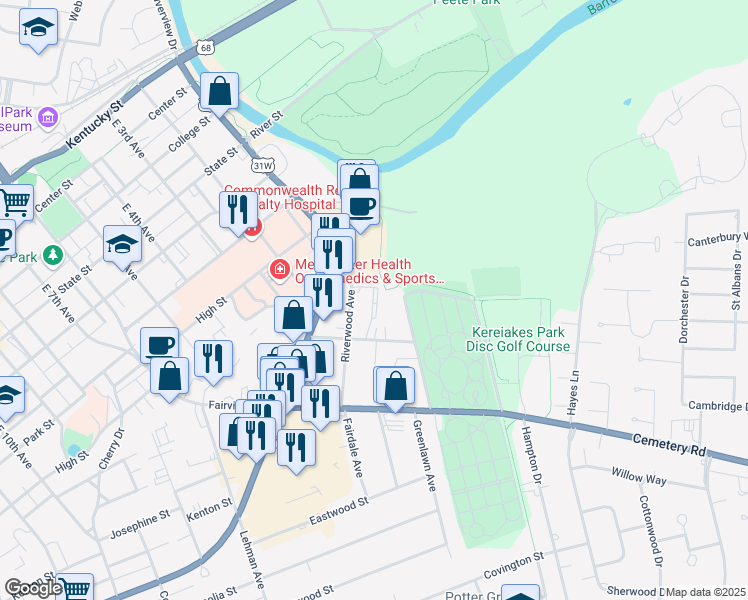 map of restaurants, bars, coffee shops, grocery stores, and more near 227 Riverwood Avenue in Bowling Green