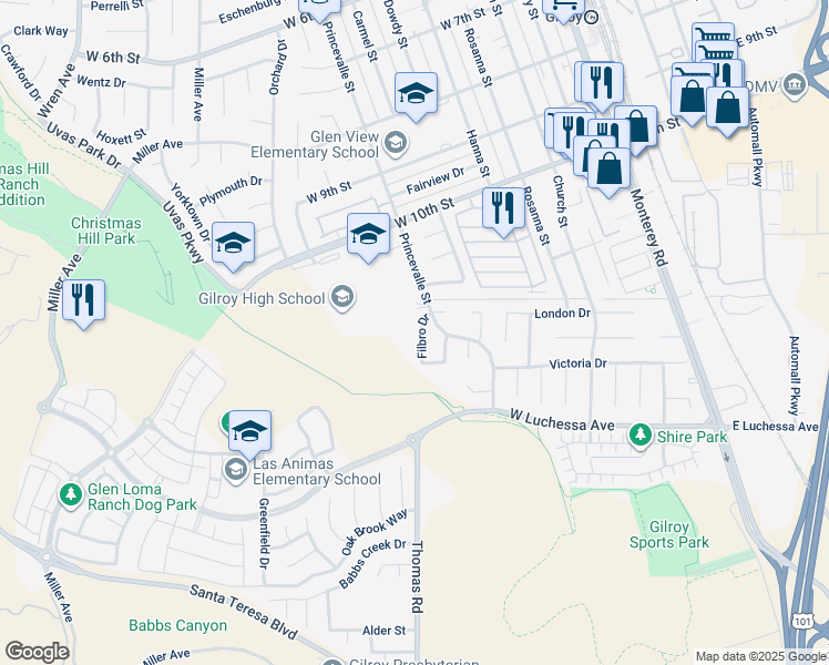 map of restaurants, bars, coffee shops, grocery stores, and more near 6785 Filbro Drive in Gilroy