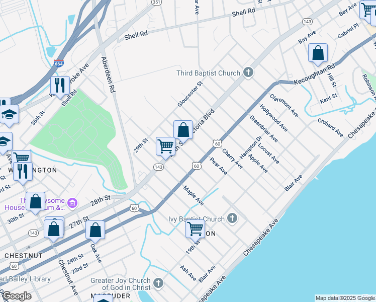 map of restaurants, bars, coffee shops, grocery stores, and more near 326 Hickory Avenue in Newport News