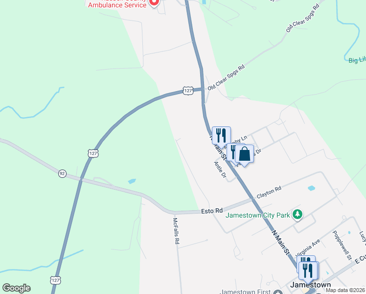 map of restaurants, bars, coffee shops, grocery stores, and more near 328 Town View Estates in Jamestown