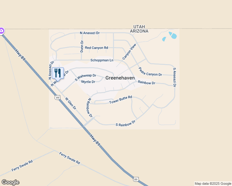map of restaurants, bars, coffee shops, grocery stores, and more near 342 Rainbow Drive in Page
