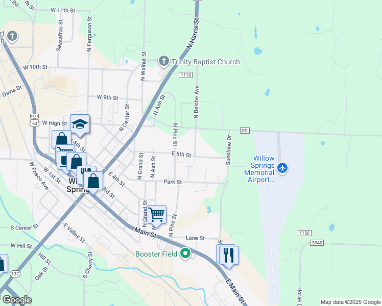 map of restaurants, bars, coffee shops, grocery stores, and more near 601 North Belshe Avenue in Willow Springs