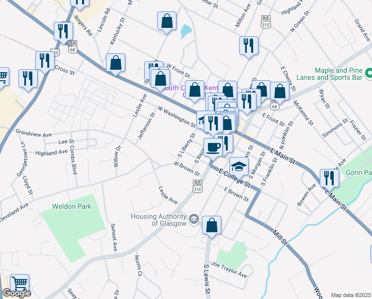 map of restaurants, bars, coffee shops, grocery stores, and more near 215 West College Street in Glasgow