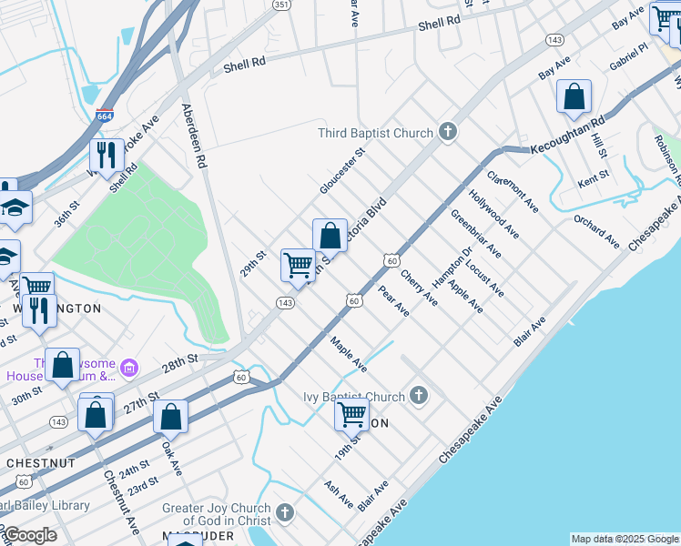 map of restaurants, bars, coffee shops, grocery stores, and more near 326 Hickory Avenue in Newport News