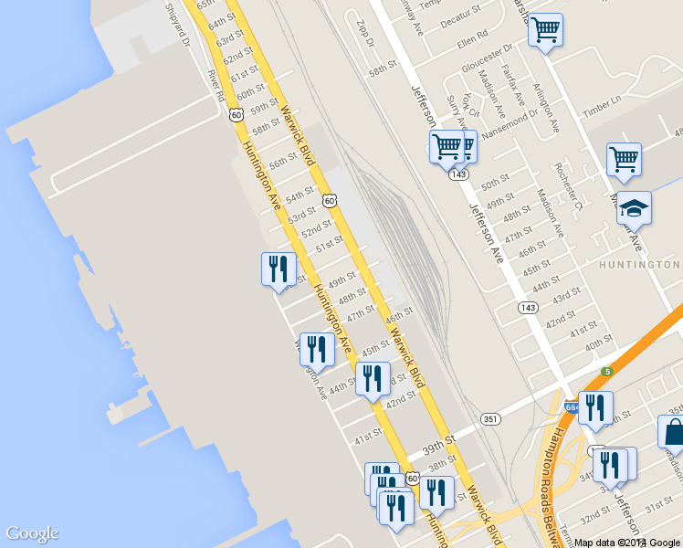 map of restaurants, bars, coffee shops, grocery stores, and more near 329 49th St in Newport News