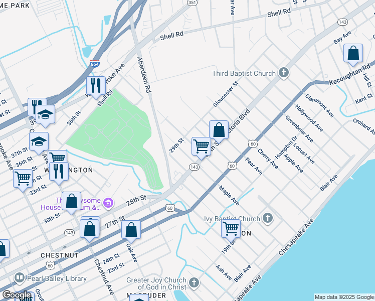 map of restaurants, bars, coffee shops, grocery stores, and more near 376 Maple Avenue in Newport News