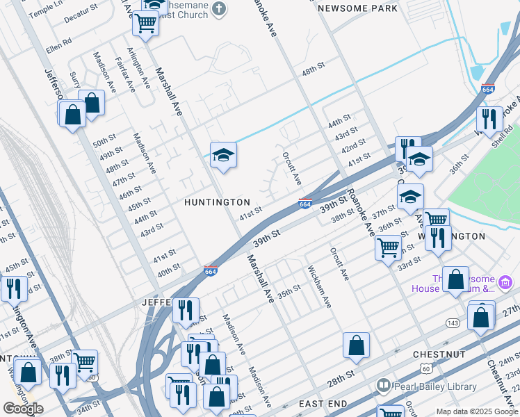map of restaurants, bars, coffee shops, grocery stores, and more near 845 41st Street in Newport News