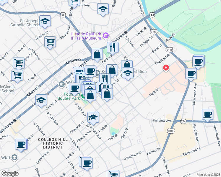 map of restaurants, bars, coffee shops, grocery stores, and more near 634 State Street in Bowling Green