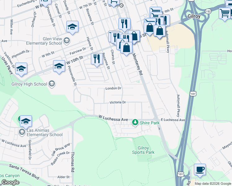 map of restaurants, bars, coffee shops, grocery stores, and more near 319 Churchill Place in Gilroy
