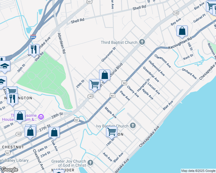map of restaurants, bars, coffee shops, grocery stores, and more near 326 Hickory Avenue in Newport News