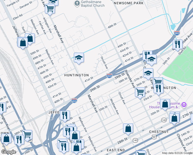 map of restaurants, bars, coffee shops, grocery stores, and more near 902 41st Street in Newport News
