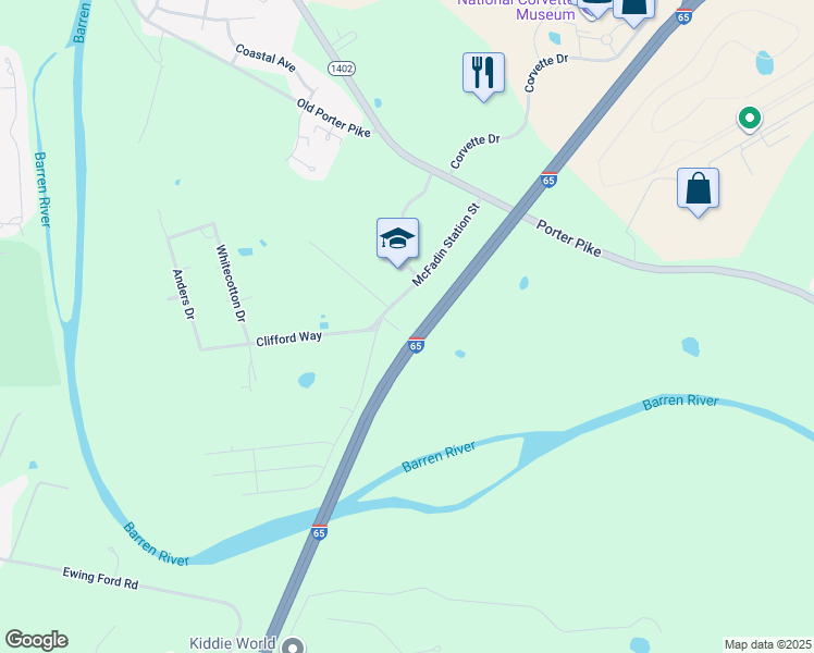 map of restaurants, bars, coffee shops, grocery stores, and more near 401 McFadin Station Street in Bowling Green
