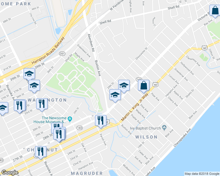 map of restaurants, bars, coffee shops, grocery stores, and more near 397 Maple Avenue in Newport News
