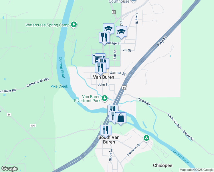 map of restaurants, bars, coffee shops, grocery stores, and more near 201 John Street in Van Buren