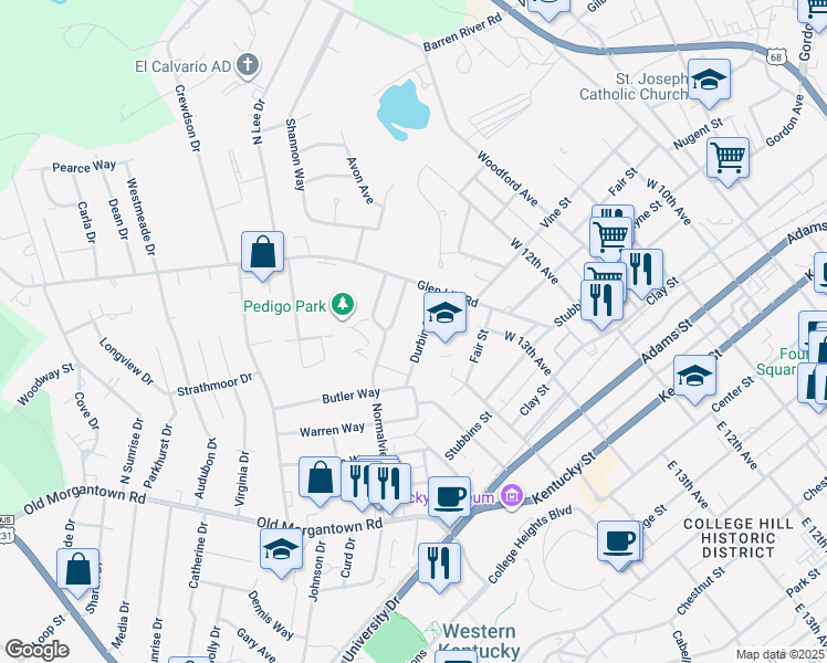 map of restaurants, bars, coffee shops, grocery stores, and more near 1247 Durbin Drive in Bowling Green