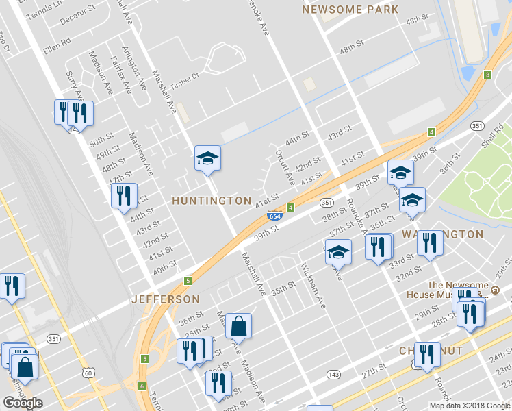 map of restaurants, bars, coffee shops, grocery stores, and more near 849 41st Street in Newport News