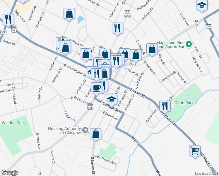 map of restaurants, bars, coffee shops, grocery stores, and more near South Broadway & East Washington Street in Glasgow