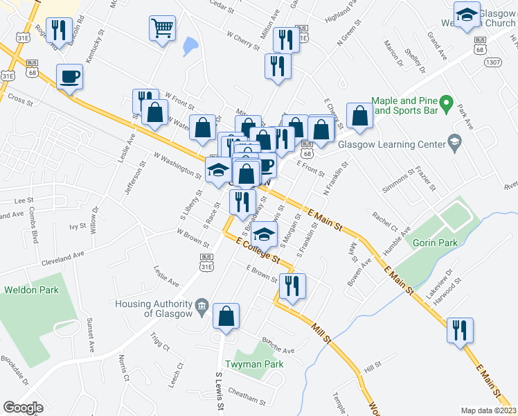 map of restaurants, bars, coffee shops, grocery stores, and more near South Broadway & East Washington Street in Glasgow