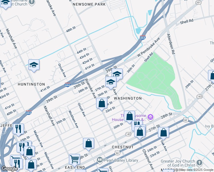 map of restaurants, bars, coffee shops, grocery stores, and more near 1150 37th Street in Newport News