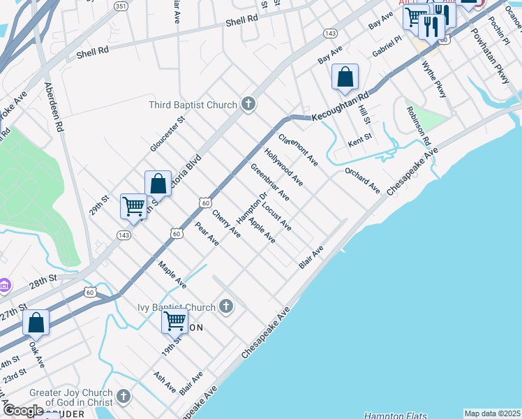 map of restaurants, bars, coffee shops, grocery stores, and more near 139 Locust Avenue in Hampton