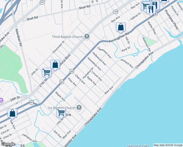 map of restaurants, bars, coffee shops, grocery stores, and more near 129 Locust Avenue in Hampton