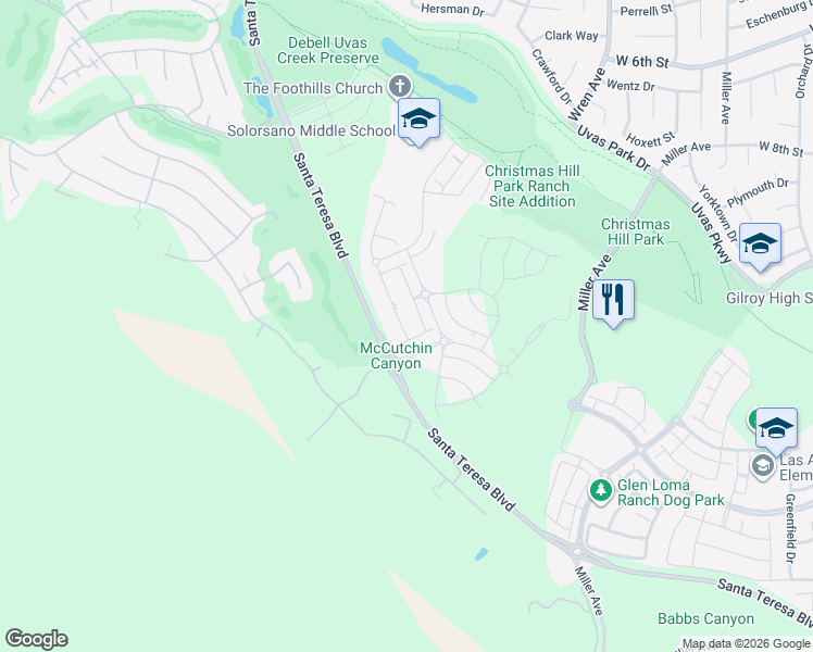 map of restaurants, bars, coffee shops, grocery stores, and more near 6980 Spumante Way in Gilroy