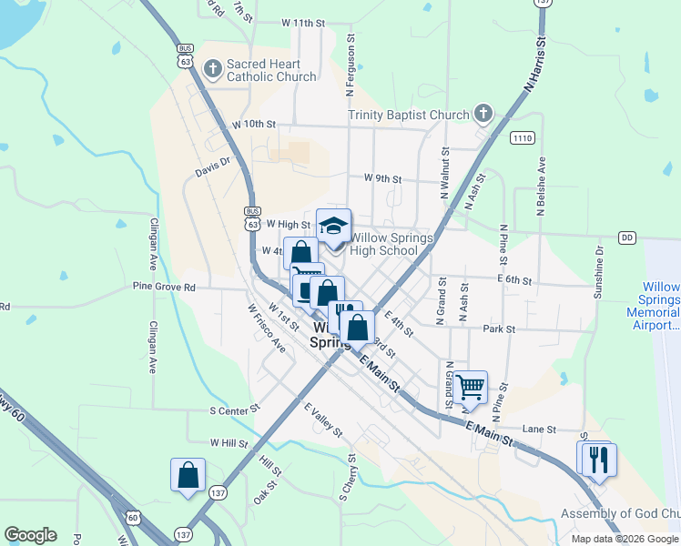 map of restaurants, bars, coffee shops, grocery stores, and more near 198 W 4th St in Willow Springs