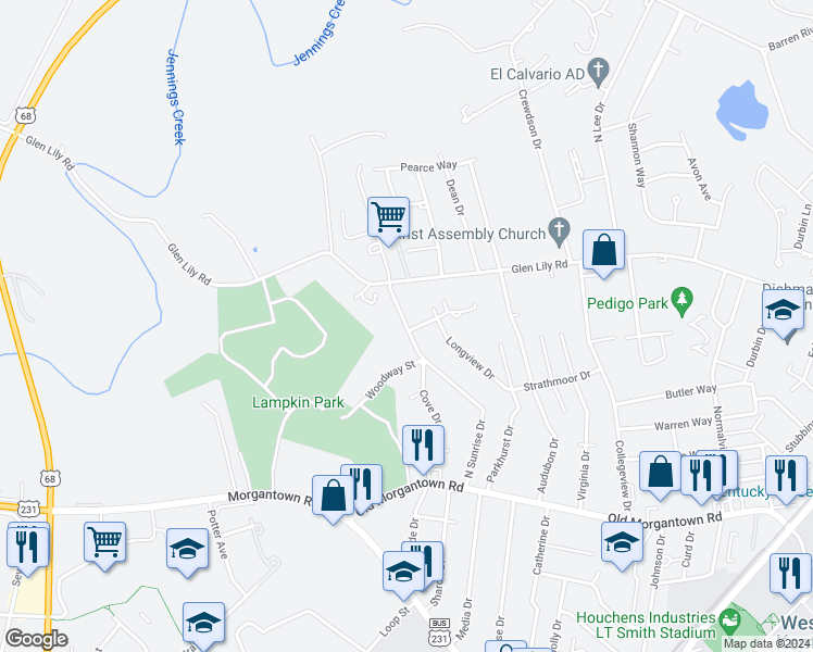 map of restaurants, bars, coffee shops, grocery stores, and more near North Sunrise Drive in Bowling Green