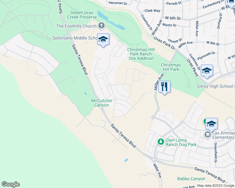 map of restaurants, bars, coffee shops, grocery stores, and more near 1530 Hurka Way in Gilroy