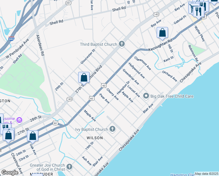 map of restaurants, bars, coffee shops, grocery stores, and more near 228 Cherry Avenue in Hampton