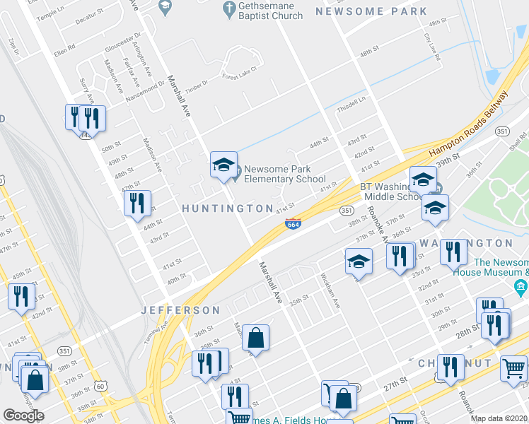 map of restaurants, bars, coffee shops, grocery stores, and more near 837 41st Street in Newport News