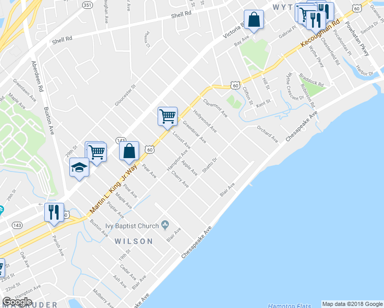 map of restaurants, bars, coffee shops, grocery stores, and more near 139 Locust Avenue in Hampton