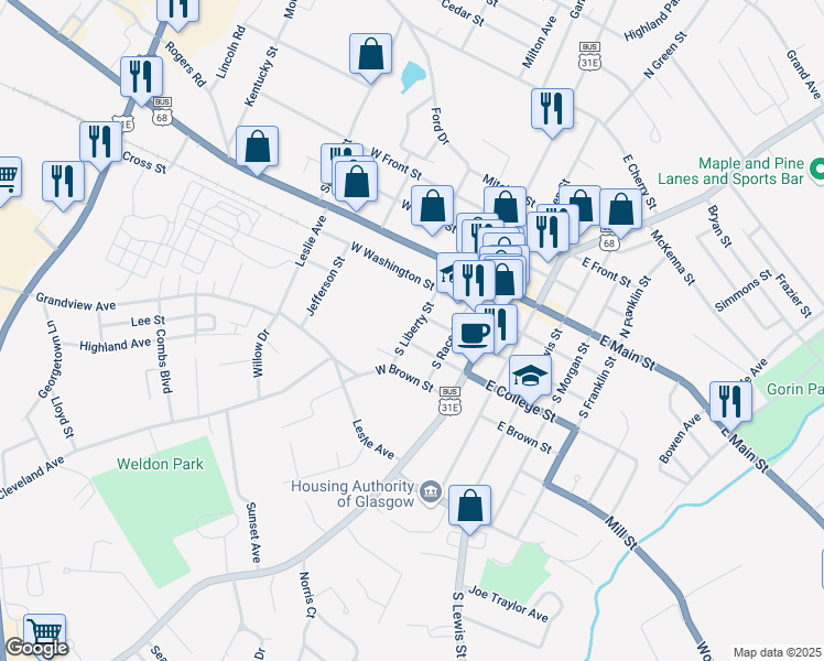 map of restaurants, bars, coffee shops, grocery stores, and more near South Liberty Street in Glasgow