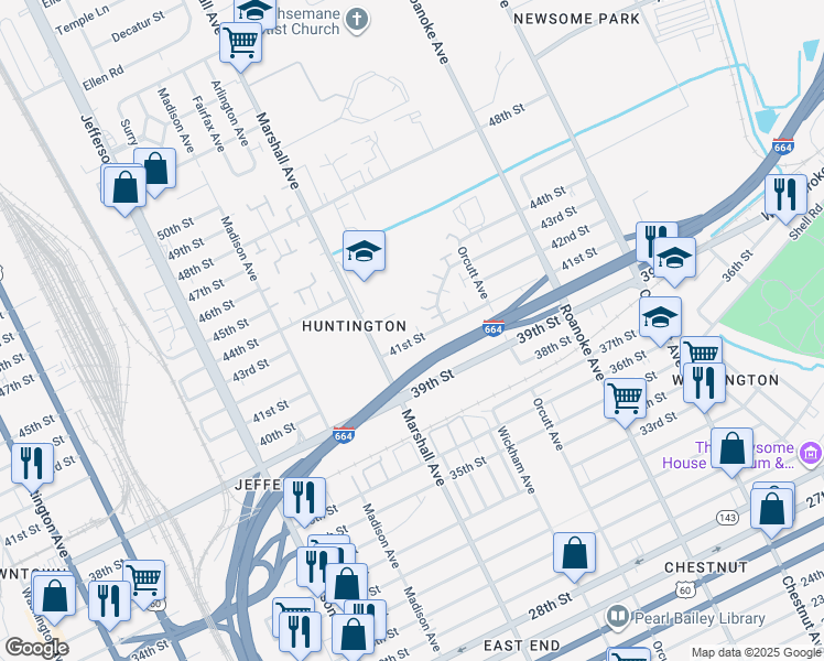 map of restaurants, bars, coffee shops, grocery stores, and more near 814 41st Street in Newport News