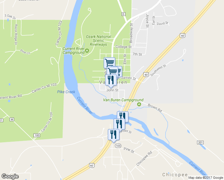 map of restaurants, bars, coffee shops, grocery stores, and more near Main Street in Van Buren