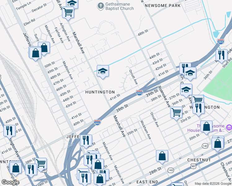 map of restaurants, bars, coffee shops, grocery stores, and more near 814 41st Street in Newport News