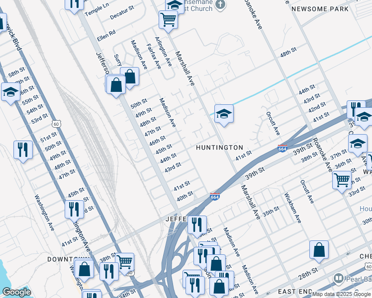 map of restaurants, bars, coffee shops, grocery stores, and more near 701 44th Street in Newport News