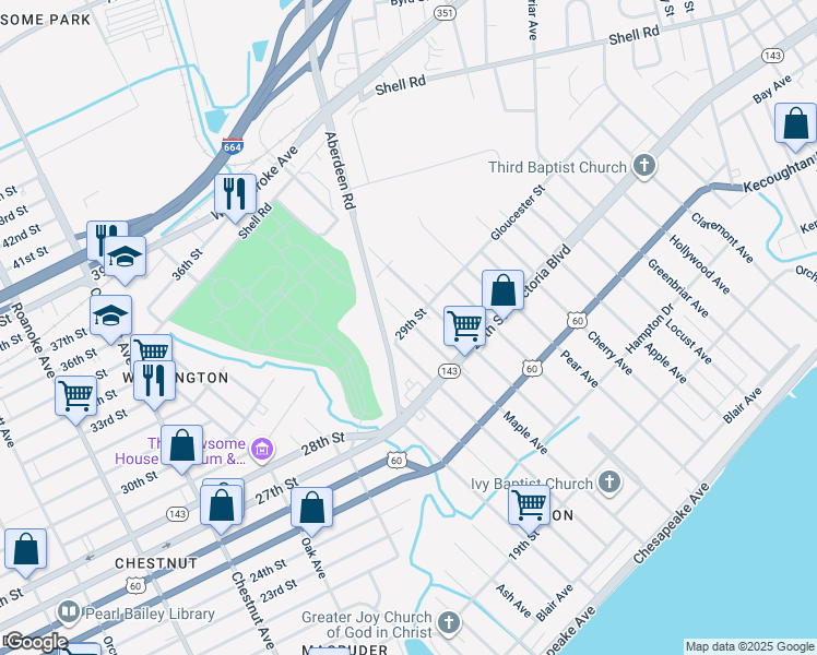 map of restaurants, bars, coffee shops, grocery stores, and more near 403 Maple Avenue in Newport News