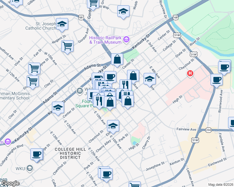 map of restaurants, bars, coffee shops, grocery stores, and more near 725 State Street in Bowling Green