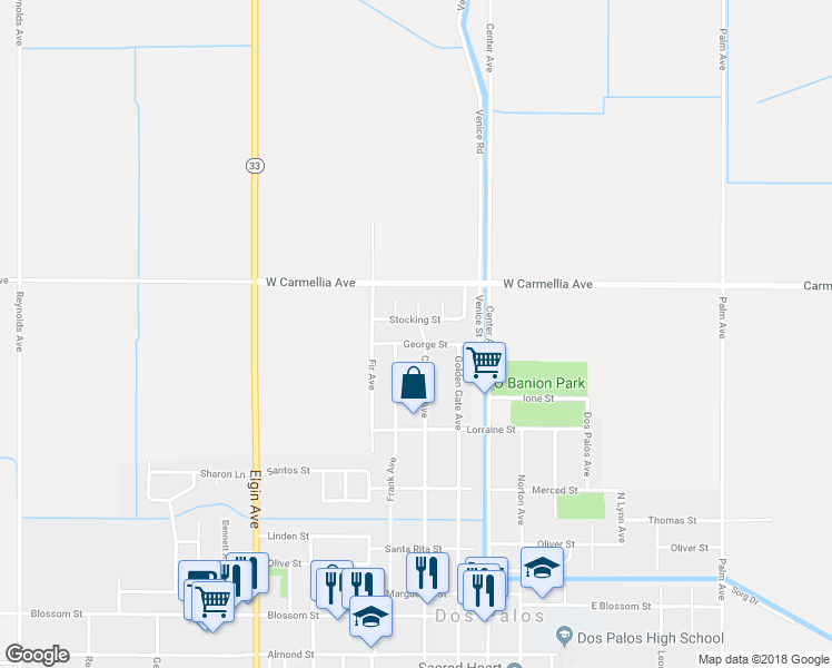 map of restaurants, bars, coffee shops, grocery stores, and more near 2134 George Street in Dos Palos