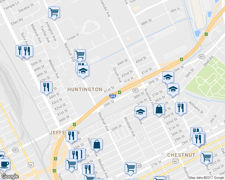 map of restaurants, bars, coffee shops, grocery stores, and more near 902 41st Street in Newport News