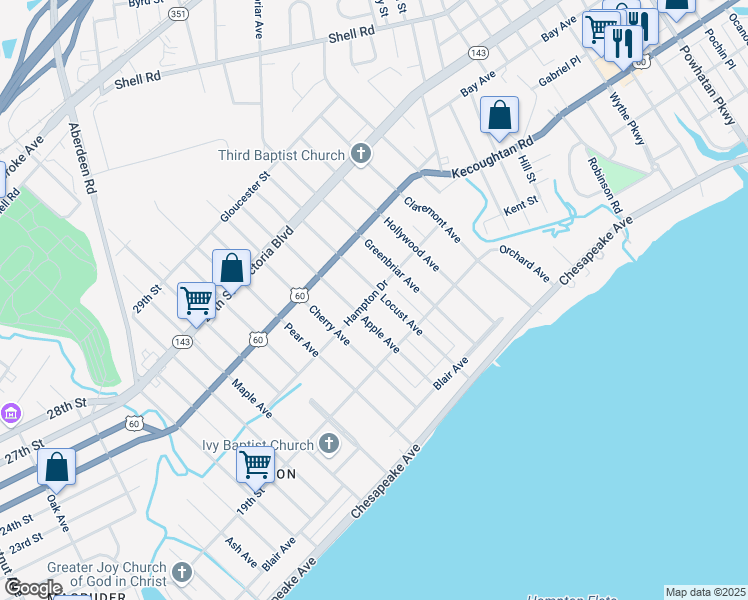 map of restaurants, bars, coffee shops, grocery stores, and more near 129 Locust Avenue in Hampton